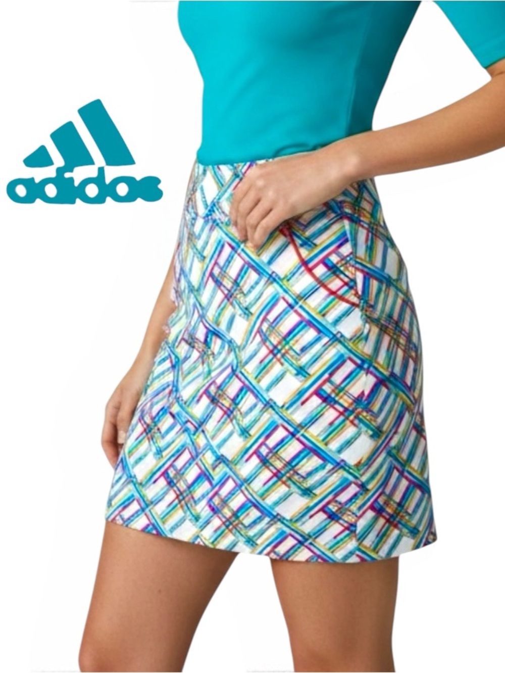 Adidas Activewear Skirt Skort Golf  Multicolor Geo Pockets Side/Zip Sz 6 NWOT